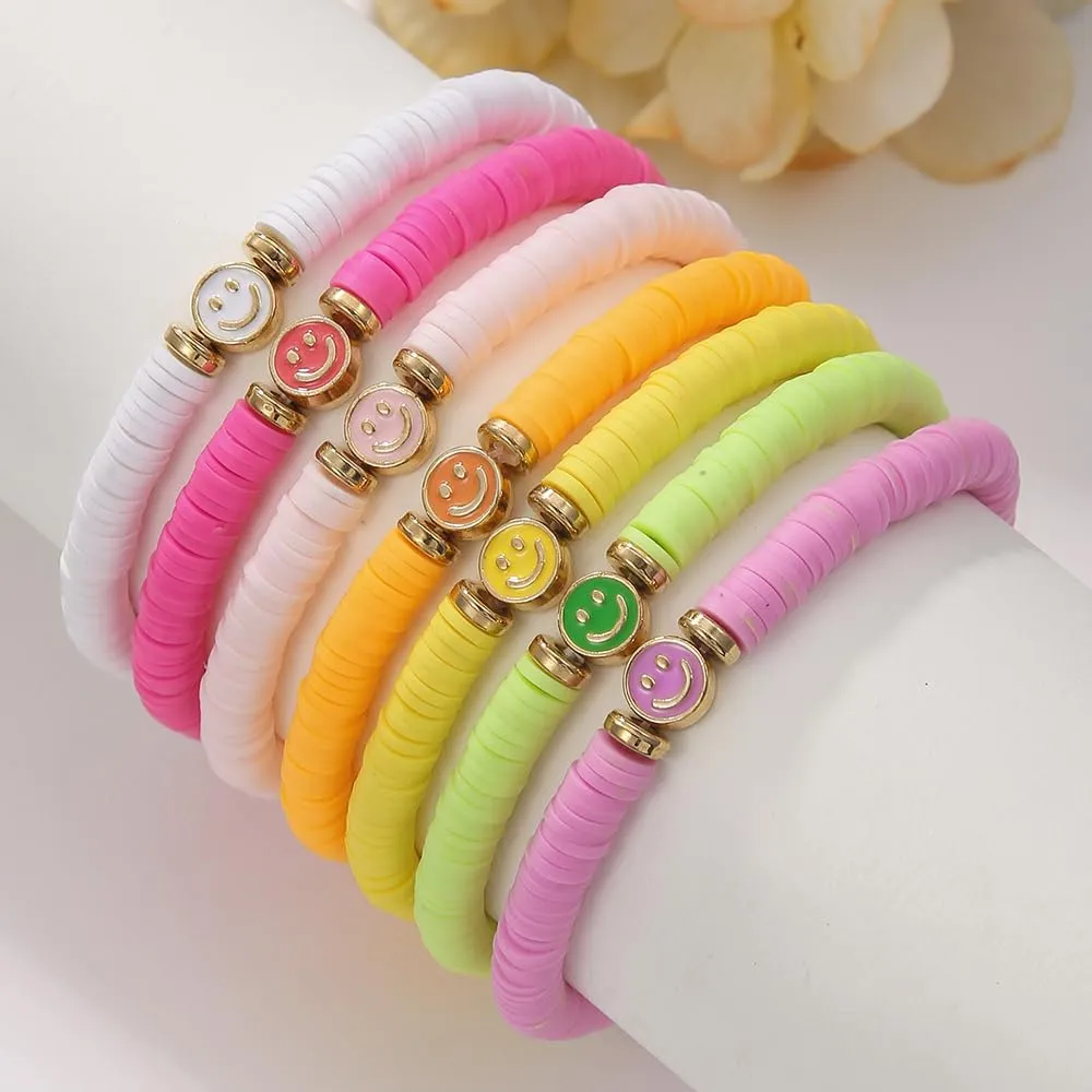Friendship Bracelets for Women - Heishi Surfer Colorful Smile Evil Eye Clay Beaded Stretch Bracelets Elastic Layering - Stackable Boho Disc Y2K Aesthetic Summer Jewelry Set.