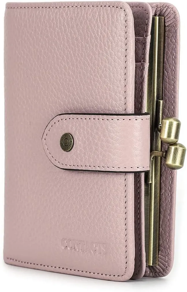 Full Grain Leather Womens Kiss Lock Wallet Vintage Kiss Clasp Purse with 13 Card Slots Coin Holder Small Bifold Rfid Wallet(Pink)