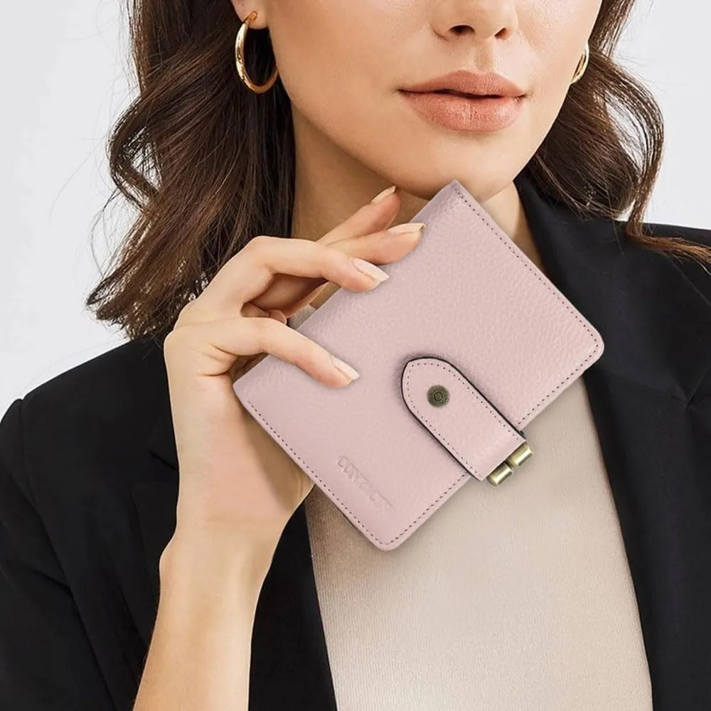 Full Grain Leather Womens Kiss Lock Wallet Vintage Kiss Clasp Purse with 13 Card Slots Coin Holder Small Bifold Rfid Wallet(Pink)