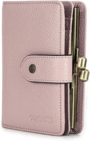 Full Grain Leather Womens Kiss Lock Wallet Vintage Kiss Clasp Purse with 13 Card Slots Coin Holder Small Bifold Rfid Wallet(Pink)