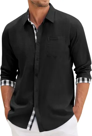 Generic Men Button Down Shirts Long Sleeve Fall Casual Dress Shirt Solid Color Textured Wrinkle-Free Untucked Shirt