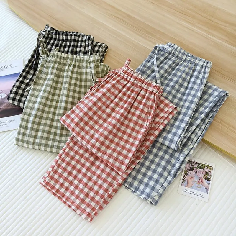 Gingham Pants Women Cotton Wide Leg Y2k Plaid Pajamas Pants Elastic High Waist Checkered Lounge PJ Pants Going Out Trousers