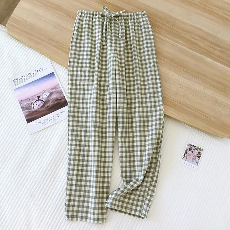 Gingham Pants Women Cotton Wide Leg Y2k Plaid Pajamas Pants Elastic High Waist Checkered Lounge PJ Pants Going Out Trousers