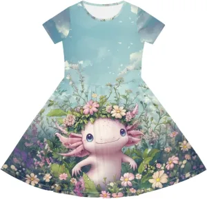 Girls Dresses Size 2-14 Kids Summer Short Sleeve Beach Dresses Casual Midi Dress Crewneck A Line