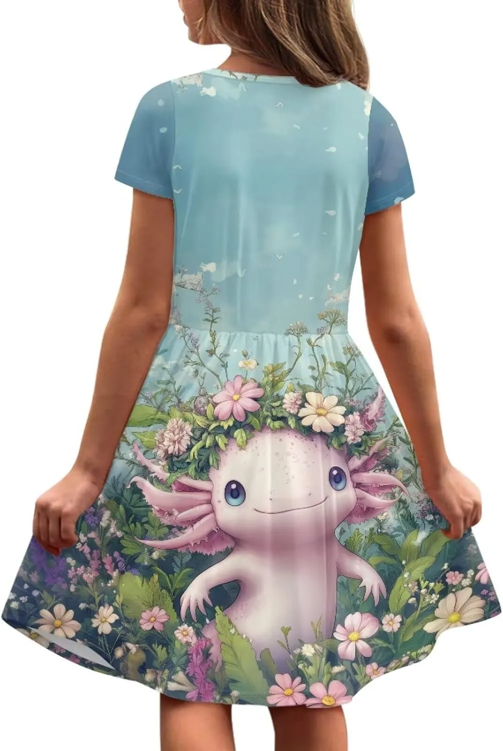 Girls Dresses Size 2-14 Kids Summer Short Sleeve Beach Dresses Casual Midi Dress Crewneck A Line