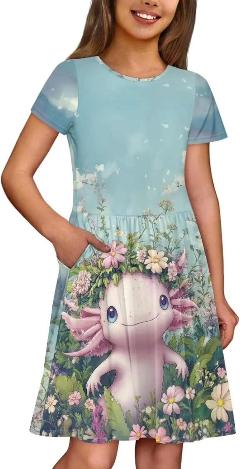 Girls Dresses Size 2-14 Kids Summer Short Sleeve Beach Dresses Casual Midi Dress Crewneck A Line