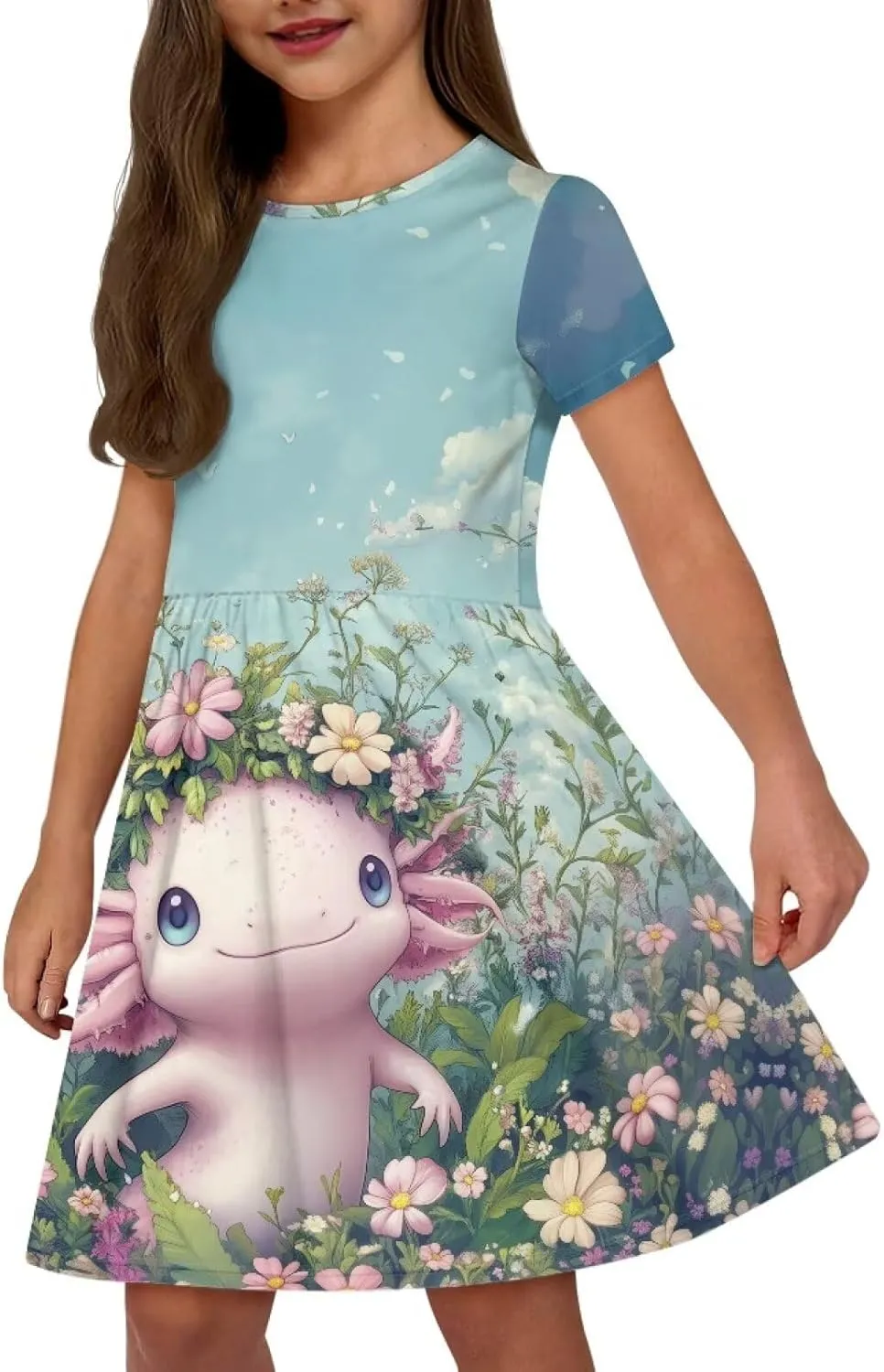 Girls Dresses Size 2-14 Kids Summer Short Sleeve Beach Dresses Casual Midi Dress Crewneck A Line