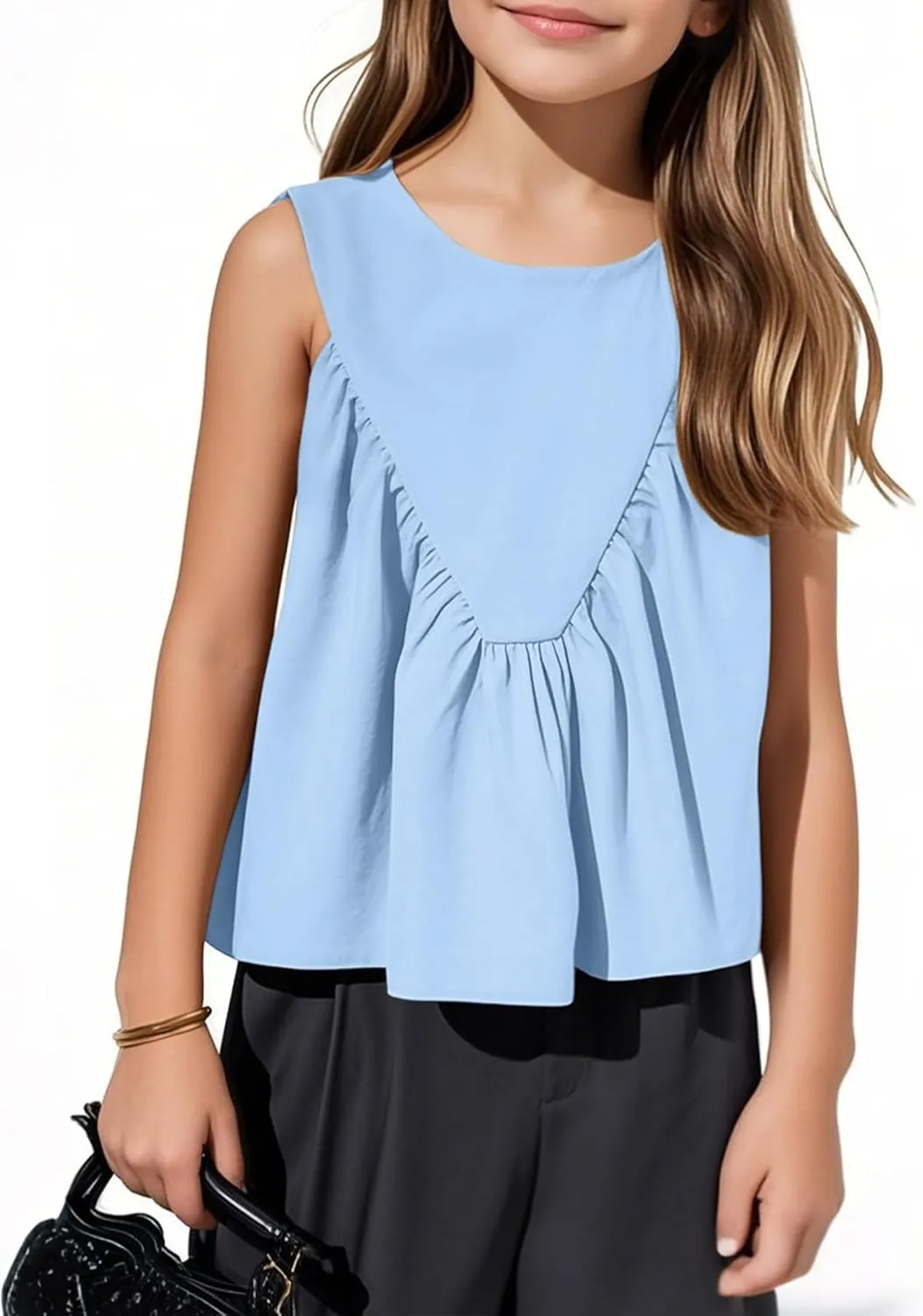 Girls Peplum Babydoll Tank Tops Sleeveless Loose Flowy Shirts Summer Casual Shirred Tops