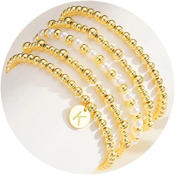 Gold Beaded Bracelet for Women Initial A-Z 18K Gold Plated Stack Pearl Beaded Bracelet Sets Stretch Bead Ball Bangle with Letter Jewelry Gifts