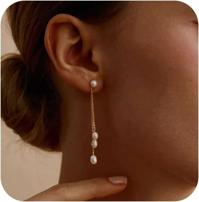 Gold Dangle Earrings for Women,Pearl Drop Earrings for Women Trendy 14k Gold Plated Dangle Earrings Dainty Long Chain Earrings for Brides Pearl Jewelry for Women Wedding Gifts