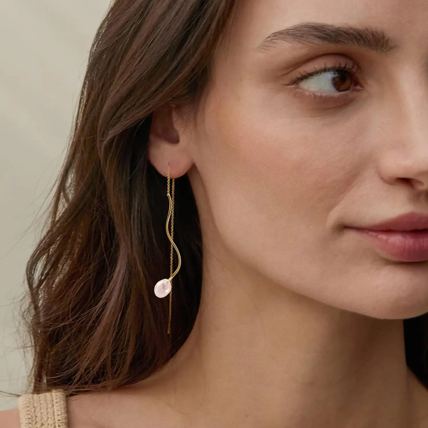 Gold Earrings for Women 14k Gold Plated Threaded Pearl Drop Earrings Hypoallergenic Dainty Baroque Pearl Geometric Rectangle Waterdrop Dangle Statement Earrings for Women Trendy