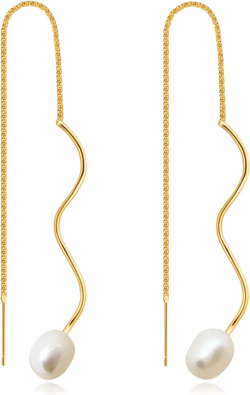 Gold Earrings for Women 14k Gold Plated Threaded Pearl Drop Earrings Hypoallergenic Dainty Baroque Pearl Geometric Rectangle Waterdrop Dangle Statement Earrings for Women Trendy