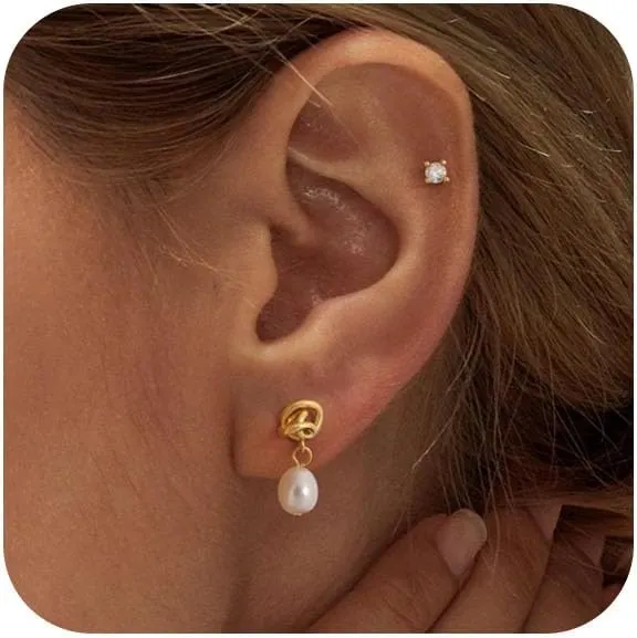 Gold Earrings for Women,14k Gold Plated Pearl Drop Earring Dainty Gold Bridal Prom Earrings Small Cute Stud Earring Wedding Dangle Earrings for Women Trendy Prom Bride Jewelry Gifts
