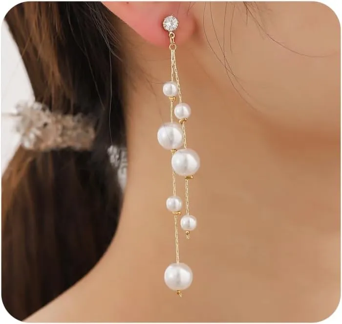 Gold Long Pearl Chain Dangle Earrings for Women Round Pearl Tassel Drop Earrings Balls Beads Link Dangling Earrings Jewelry Accessories for Brides