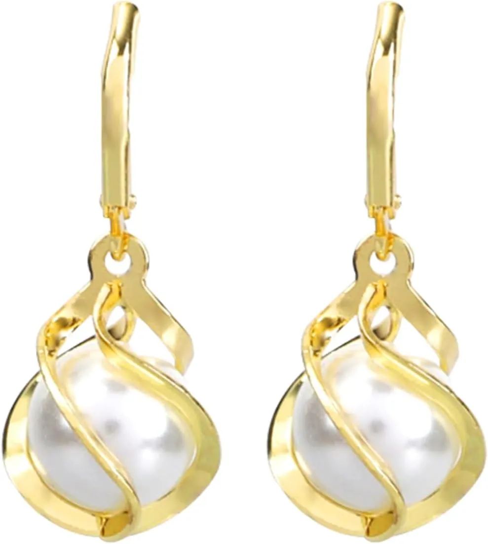 Gold Pearl Dangle Drop Earrings for Women, Lightweight Lever Back Pearl Dangling Earrings Elegant Minimalist Jewelry Gift for Her
