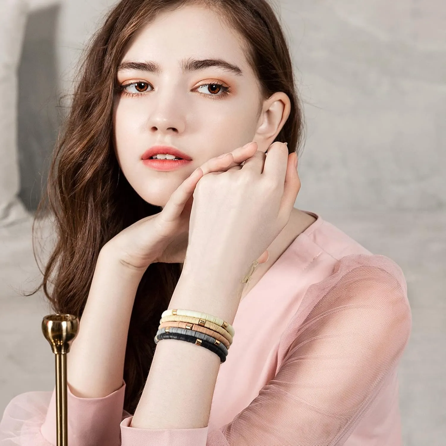 GOOJIDS Surfer Heishi Clay Bead Bracelets for Women Bohemian Stackable Gold Beaded Stretch Bracelets Elastic Layering Friendship Bracelets Set Boho Jewelry