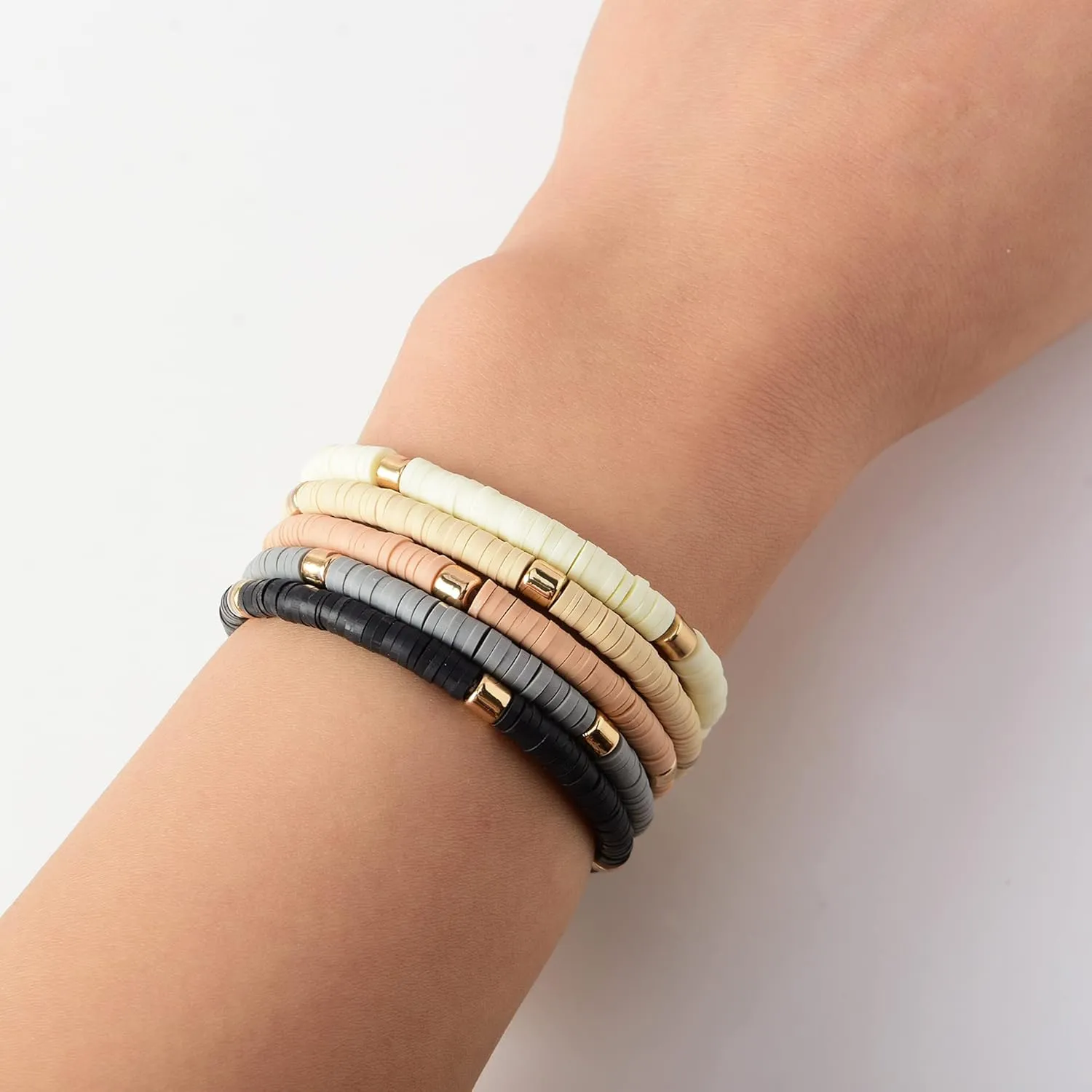 GOOJIDS Surfer Heishi Clay Bead Bracelets for Women Bohemian Stackable Gold Beaded Stretch Bracelets Elastic Layering Friendship Bracelets Set Boho Jewelry