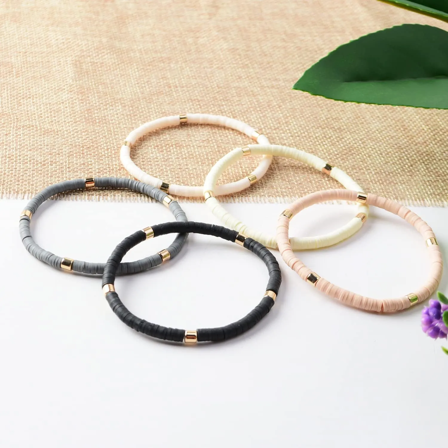 GOOJIDS Surfer Heishi Clay Bead Bracelets for Women Bohemian Stackable Gold Beaded Stretch Bracelets Elastic Layering Friendship Bracelets Set Boho Jewelry