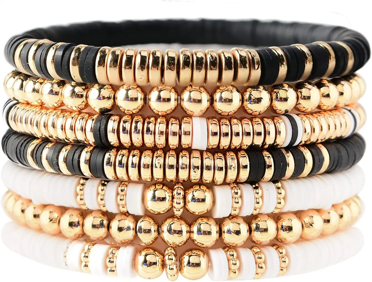 GOOJIDS Surfer Heishi Clay Bead Bracelets for Women Bohemian Stackable Gold Beaded Stretch Bracelets Elastic Layering Friendship Bracelets Set Boho Jewelry