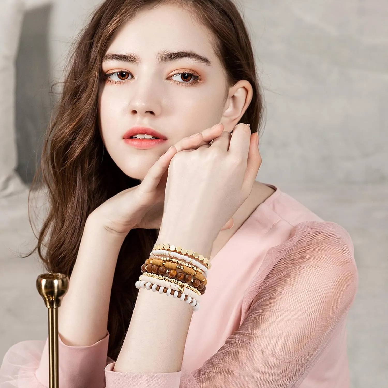 GOOJIDS Surfer Heishi Clay Bead Bracelets for Women Bohemian Stackable Gold Beaded Stretch Bracelets Elastic Layering Friendship Bracelets Set Boho Jewelry