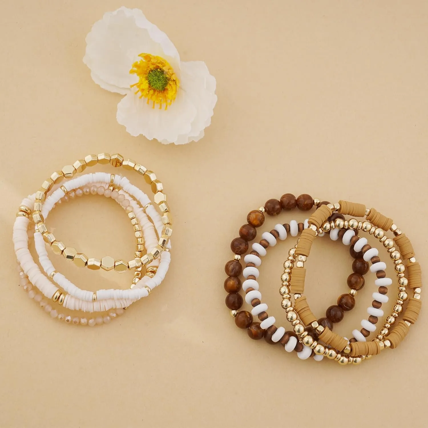 GOOJIDS Surfer Heishi Clay Bead Bracelets for Women Bohemian Stackable Gold Beaded Stretch Bracelets Elastic Layering Friendship Bracelets Set Boho Jewelry