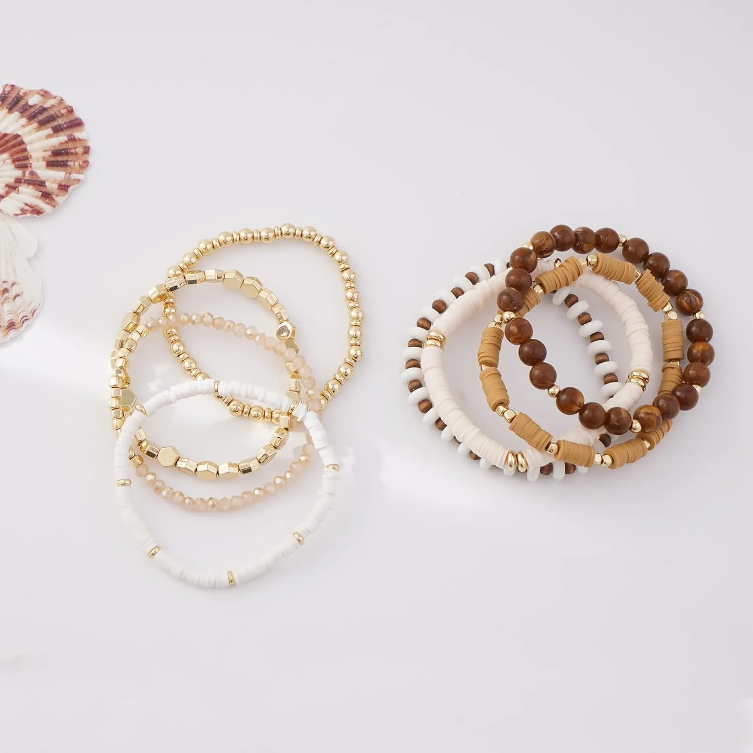GOOJIDS Surfer Heishi Clay Bead Bracelets for Women Bohemian Stackable Gold Beaded Stretch Bracelets Elastic Layering Friendship Bracelets Set Boho Jewelry