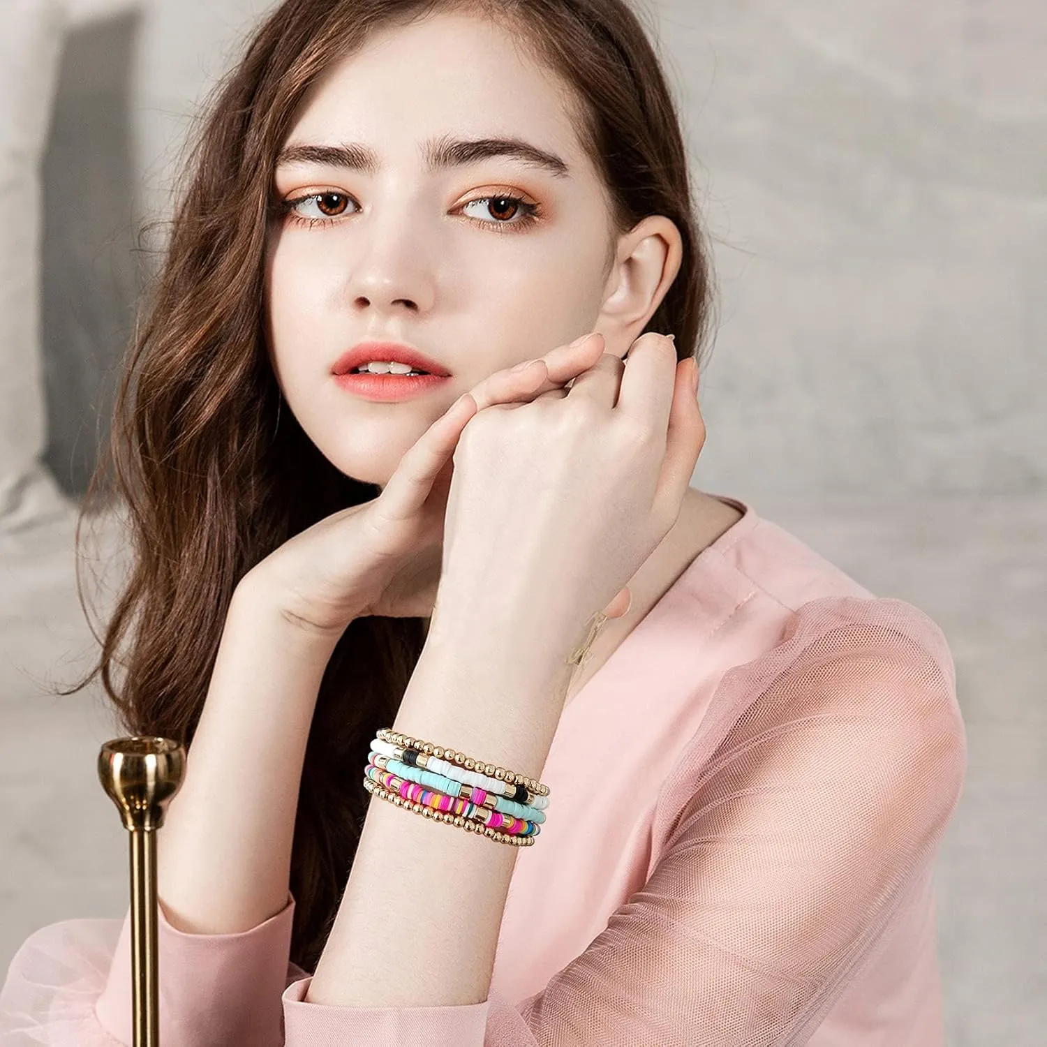 GOOJIDS Surfer Heishi Clay Bead Bracelets for Women Bohemian Stackable Gold Beaded Stretch Bracelets Elastic Layering Friendship Bracelets Set Boho Jewelry