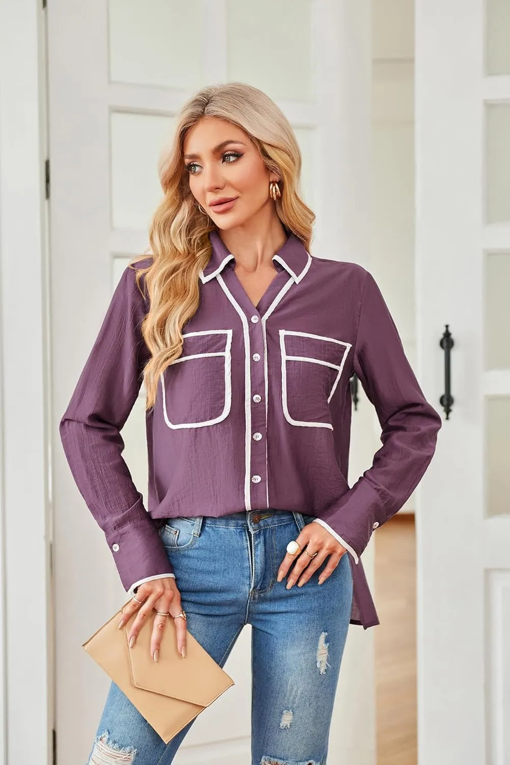 GRACE KARIN Womens Tops Contrast Color Button Down Shirt 2024 Fall Fashion Sheer Collared Work Shirt Dressy Top