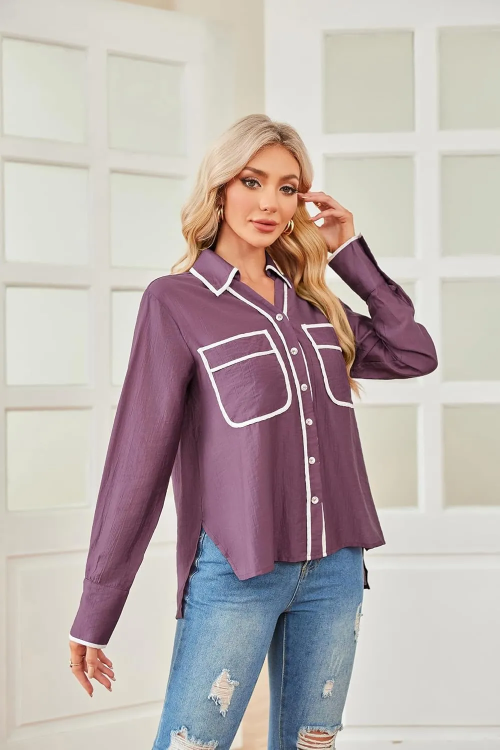 GRACE KARIN Womens Tops Contrast Color Button Down Shirt 2024 Fall Fashion Sheer Collared Work Shirt Dressy Top
