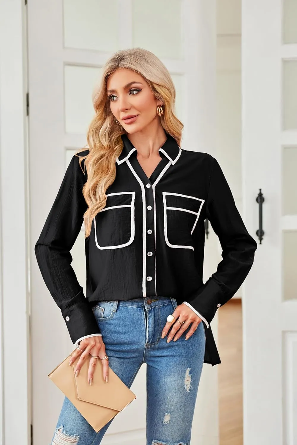 GRACE KARIN Womens Tops Contrast Color Button Down Shirt 2024 Fall Fashion Sheer Collared Work Shirt Dressy Top