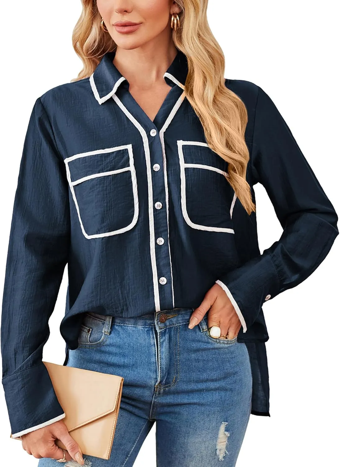 GRACE KARIN Womens Tops Contrast Color Button Down Shirt 2024 Fall Fashion Sheer Collared Work Shirt Dressy Top