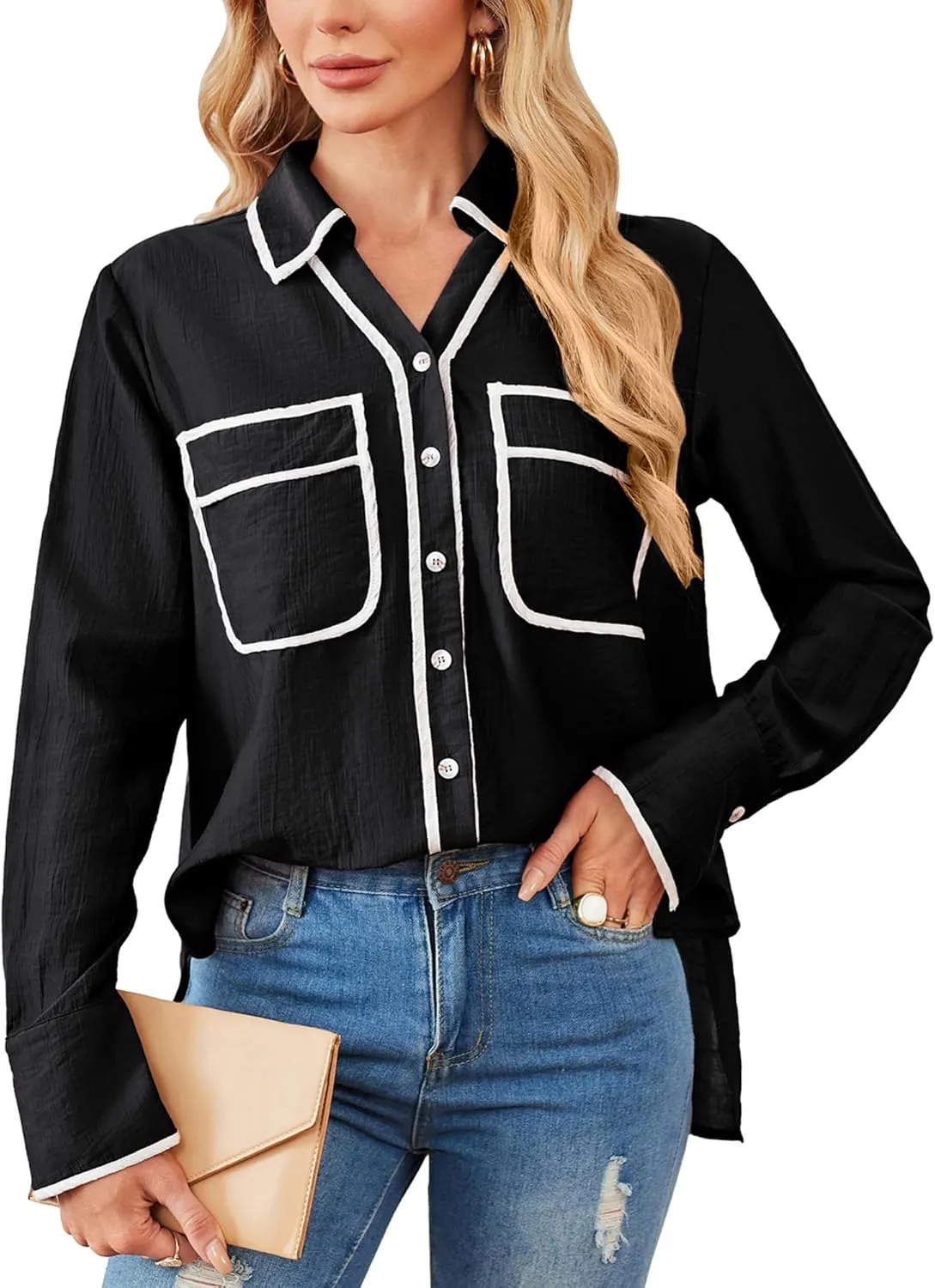 GRACE KARIN Womens Tops Contrast Color Button Down Shirt 2024 Fall Fashion Sheer Collared Work Shirt Dressy Top