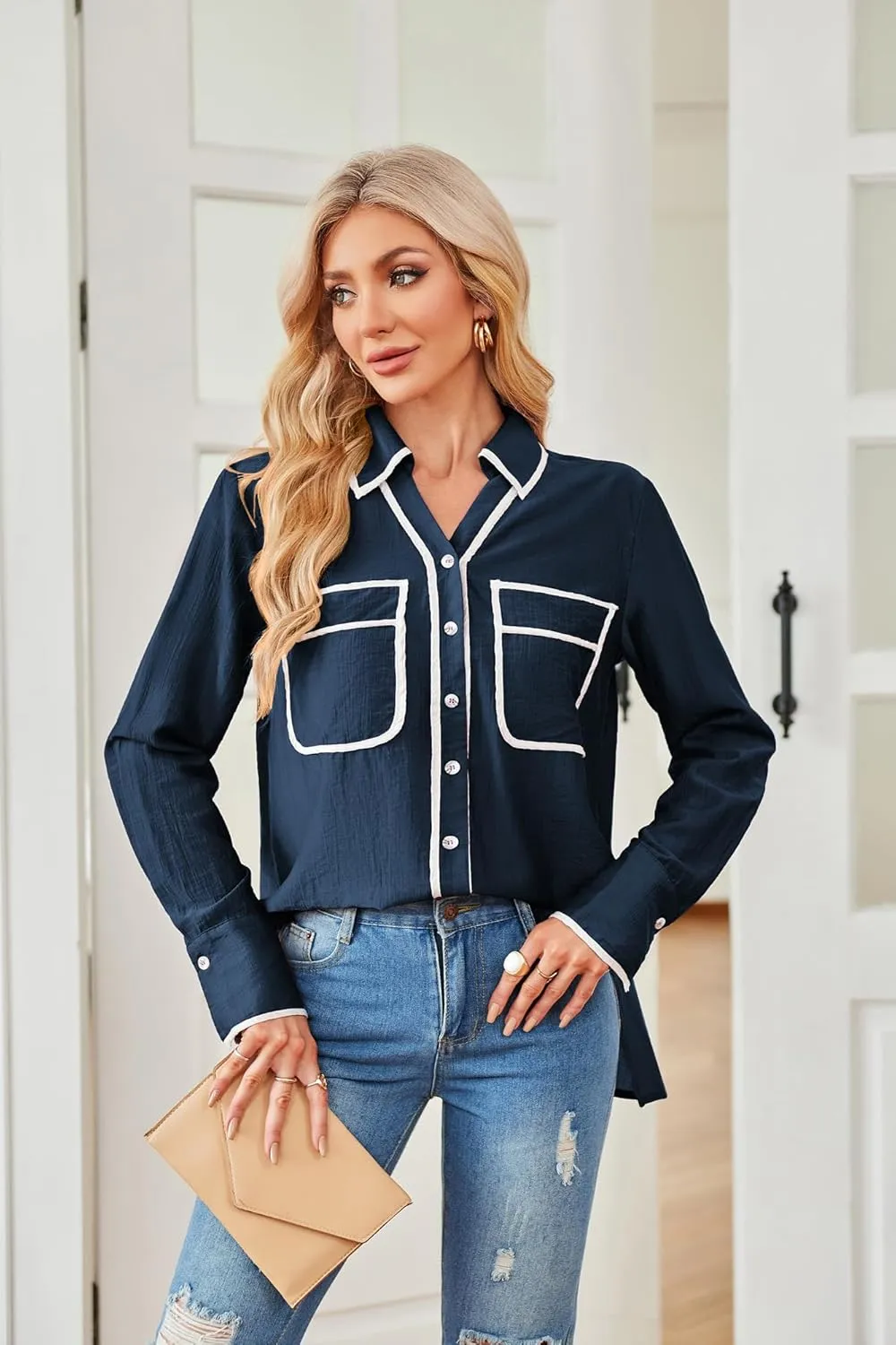 GRACE KARIN Womens Tops Contrast Color Button Down Shirt 2024 Fall Fashion Sheer Collared Work Shirt Dressy Top