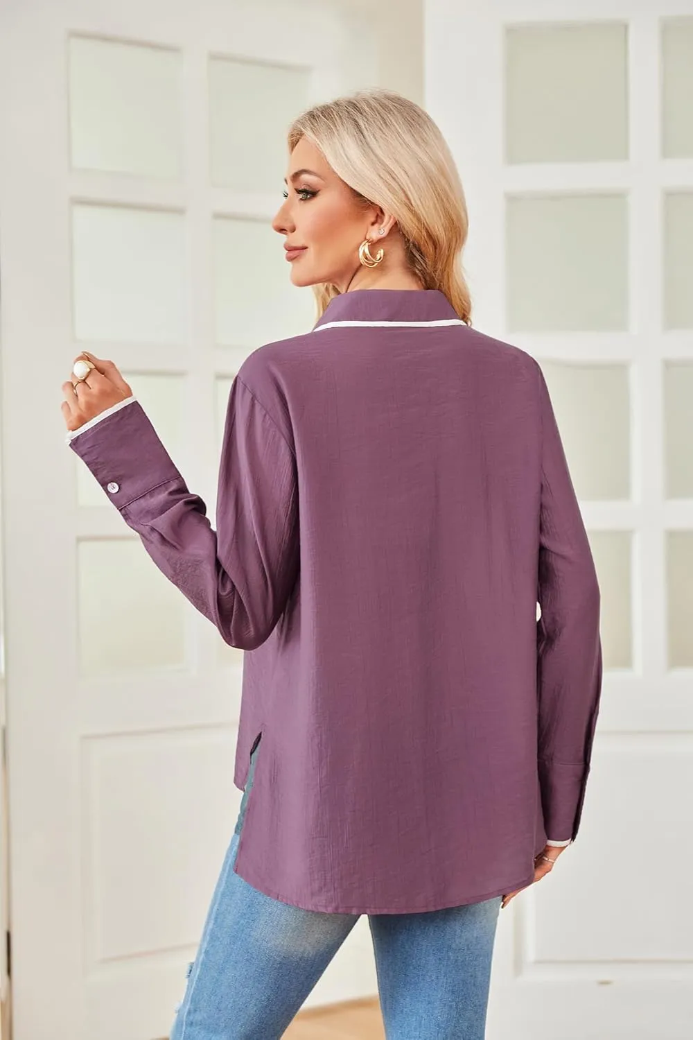 GRACE KARIN Womens Tops Contrast Color Button Down Shirt 2024 Fall Fashion Sheer Collared Work Shirt Dressy Top
