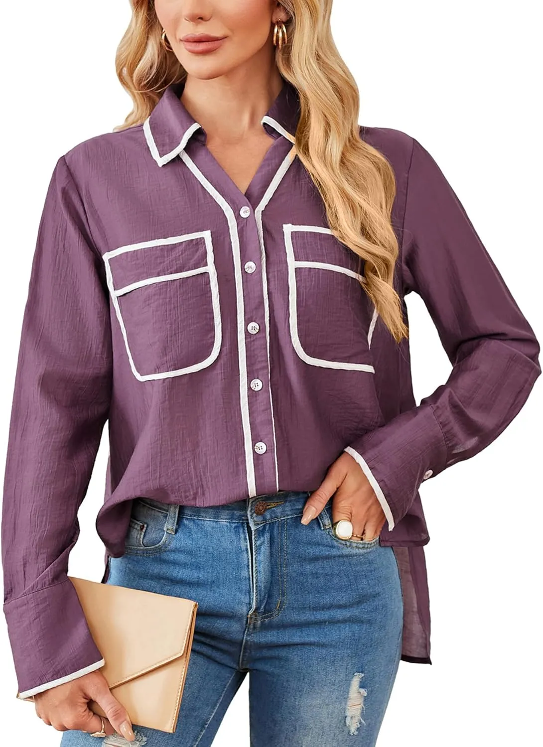 GRACE KARIN Womens Tops Contrast Color Button Down Shirt 2024 Fall Fashion Sheer Collared Work Shirt Dressy Top