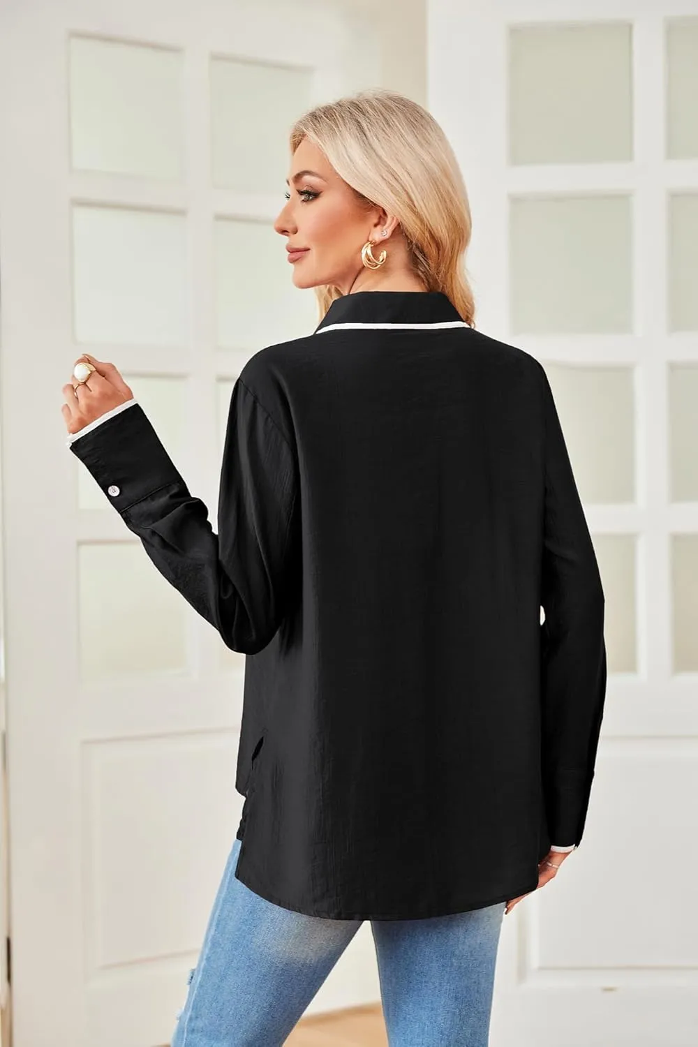 GRACE KARIN Womens Tops Contrast Color Button Down Shirt 2024 Fall Fashion Sheer Collared Work Shirt Dressy Top