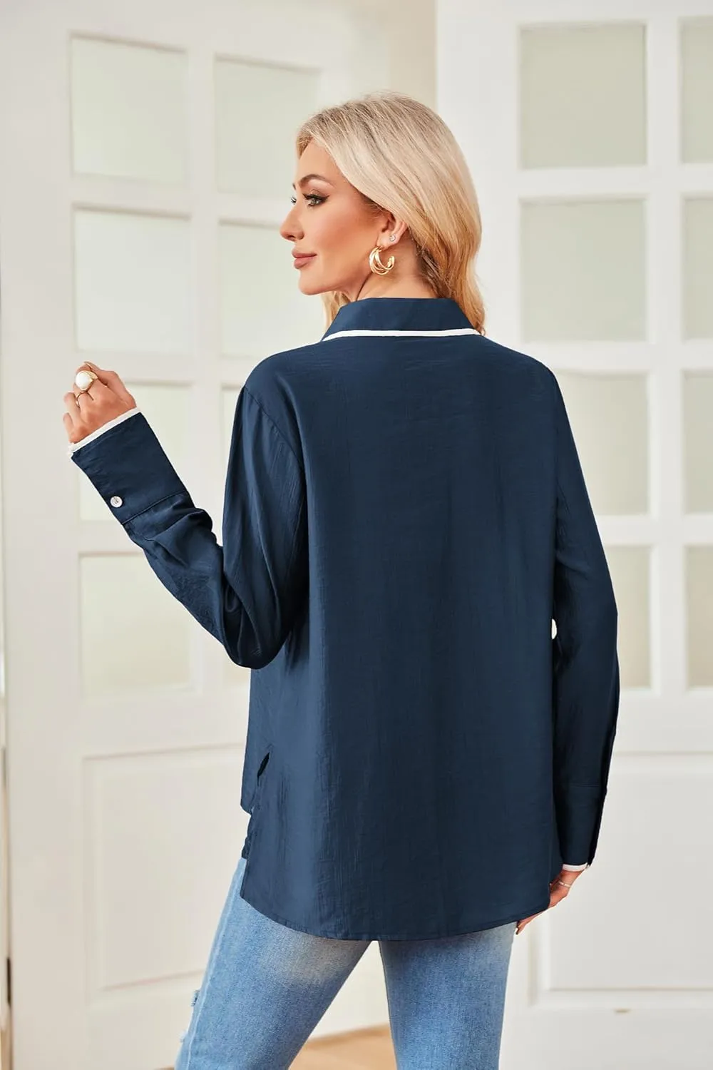 GRACE KARIN Womens Tops Contrast Color Button Down Shirt 2024 Fall Fashion Sheer Collared Work Shirt Dressy Top