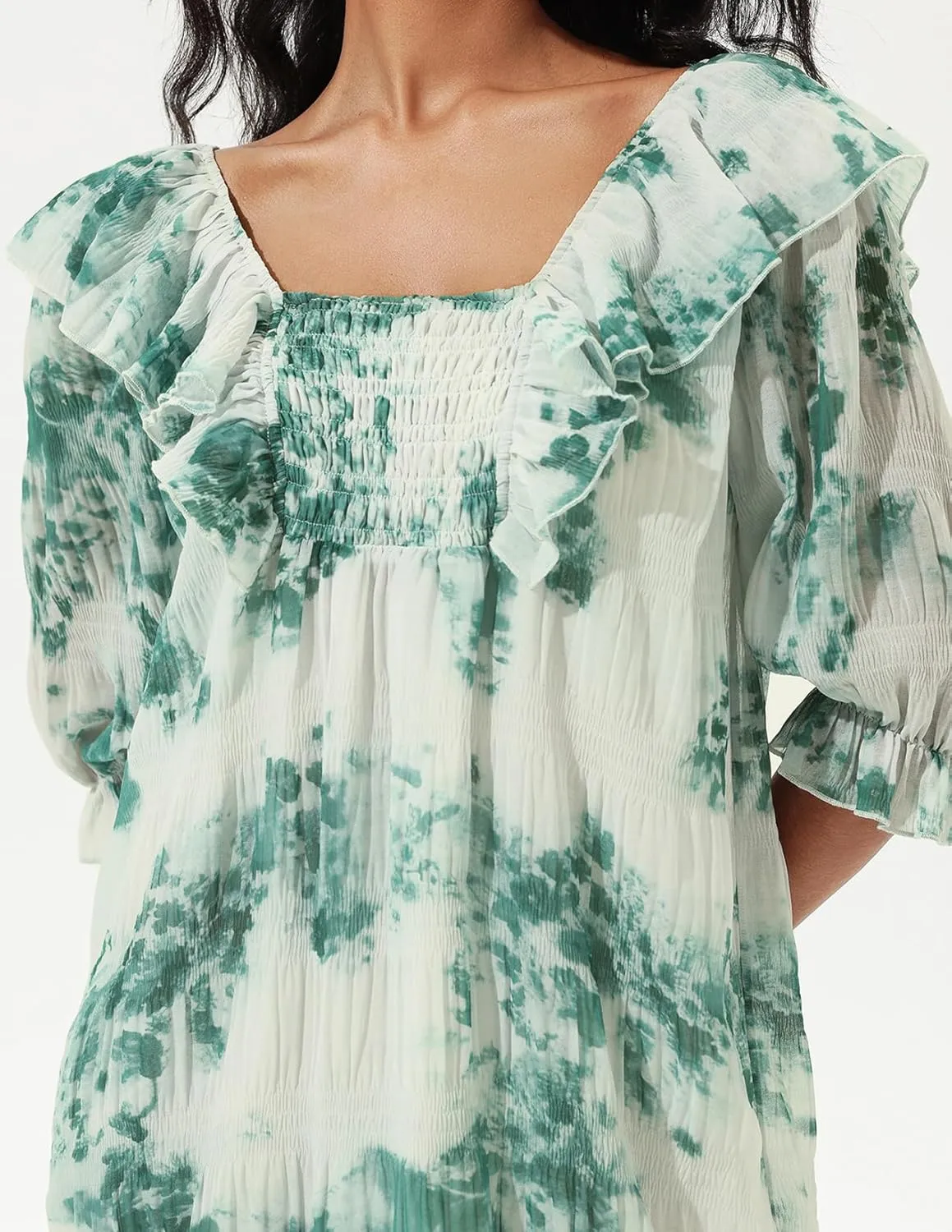 Green Floral Dress Mini Casual Dress Half Sleeve Square Neck Dress for Womens Fashion Ruffle Dress Puff Sleeve Dress