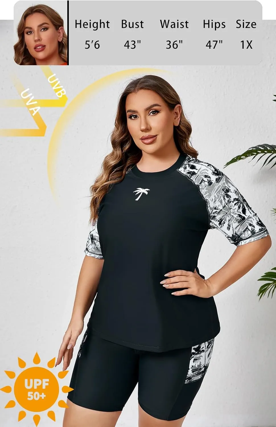 Halcurt Women's Plus Built in Bra Rash Guard Two Piece Swim Shirt and Pockets Boyleg Shorts