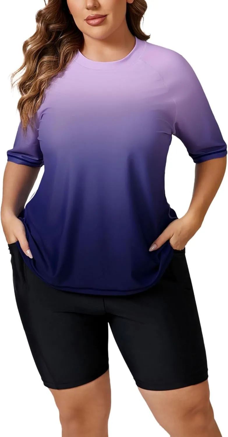 Halcurt Women's Plus Built in Bra Rash Guard Two Piece Swim Shirt and Pockets Boyleg Shorts