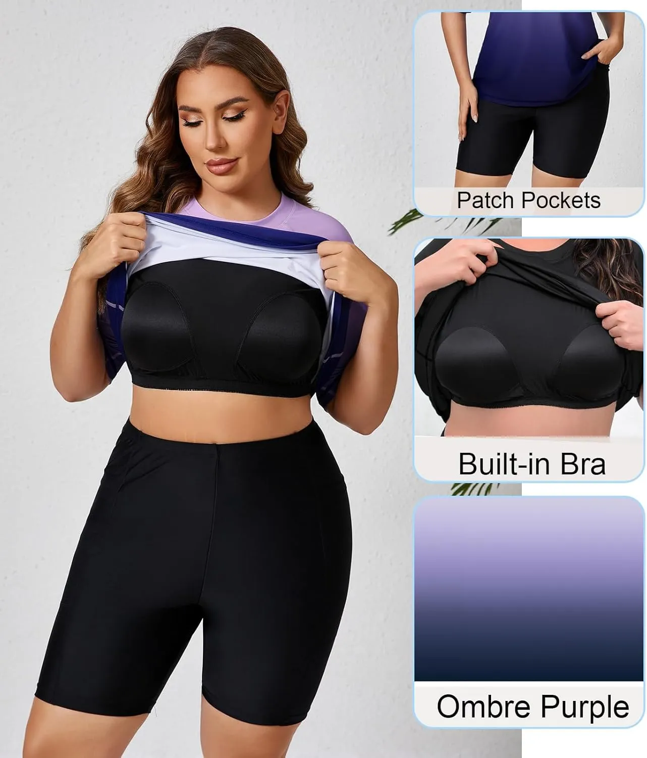 Halcurt Women's Plus Built in Bra Rash Guard Two Piece Swim Shirt and Pockets Boyleg Shorts