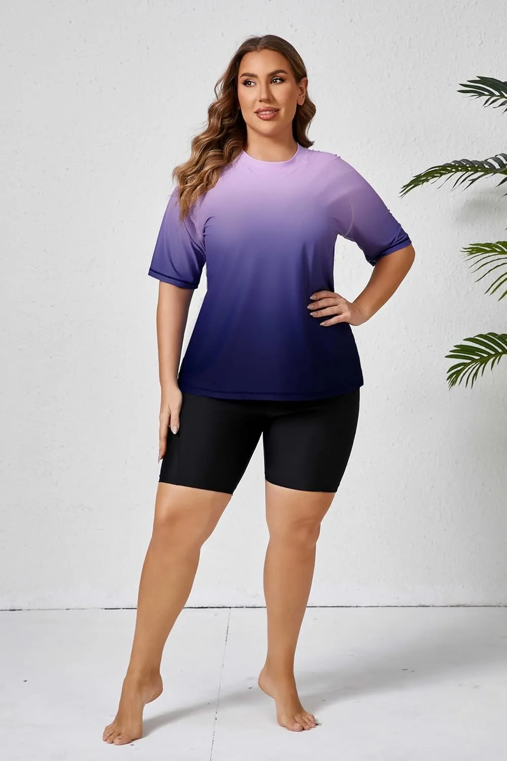 Halcurt Women's Plus Built in Bra Rash Guard Two Piece Swim Shirt and Pockets Boyleg Shorts