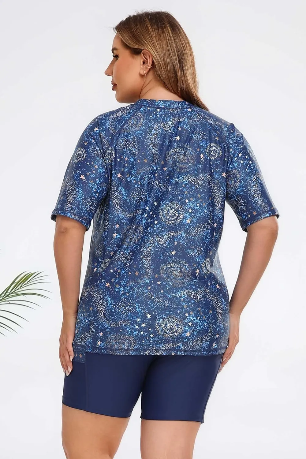 Halcurt Women's Plus Built in Bra Rash Guard Two Piece Swim Shirt and Pockets Boyleg Shorts