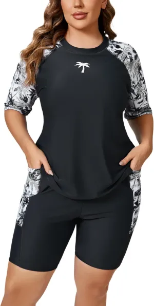 Halcurt Women's Plus Built in Bra Rash Guard Two Piece Swim Shirt and Pockets Boyleg Shorts