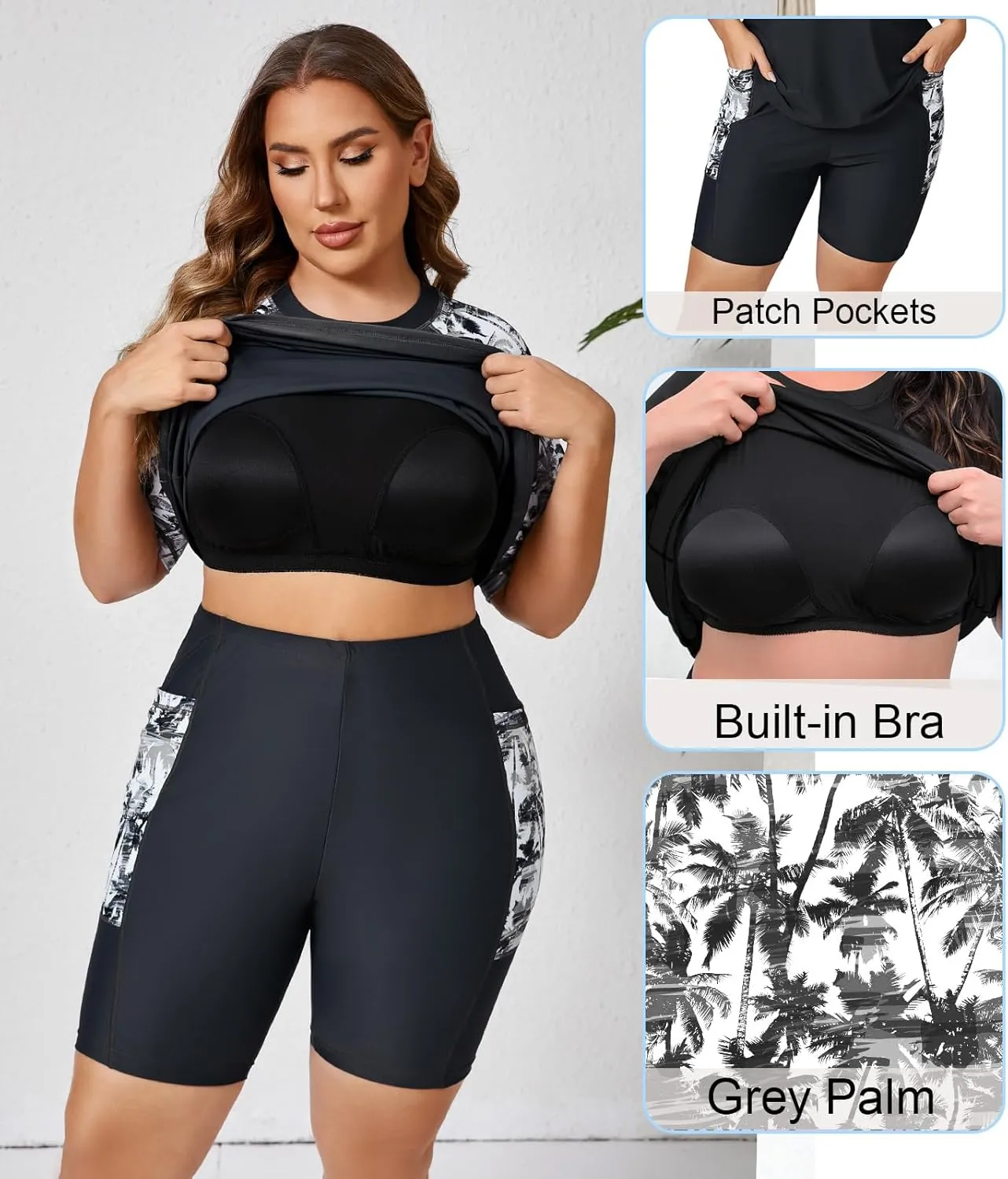 Halcurt Women's Plus Built in Bra Rash Guard Two Piece Swim Shirt and Pockets Boyleg Shorts