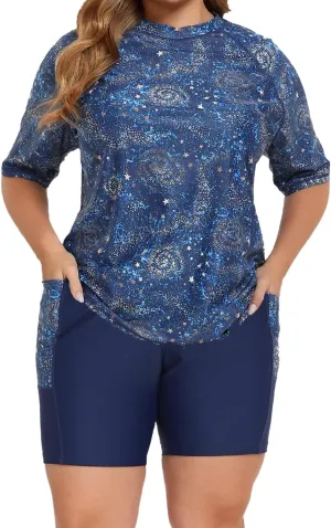 Halcurt Women's Plus Built in Bra Rash Guard Two Piece Swim Shirt and Pockets Boyleg Shorts