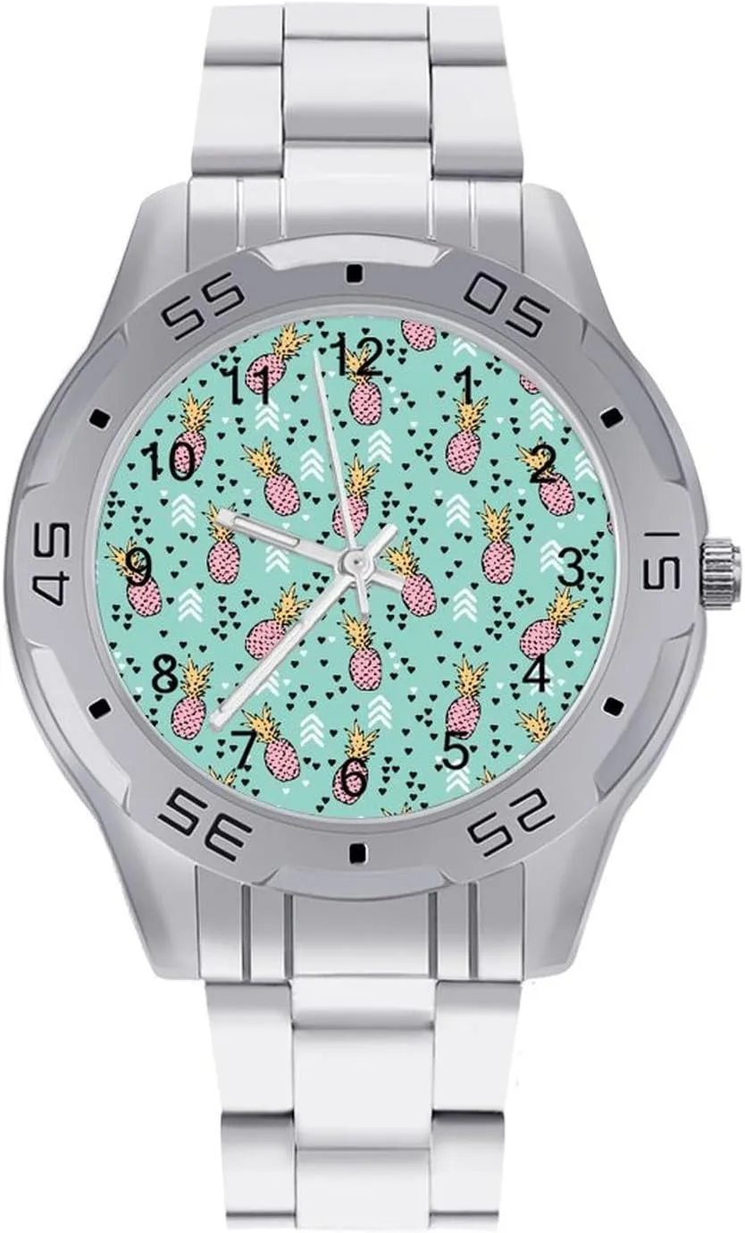 Hawaiian Tropical Pineapple Classic Wrist Watches for Men Casual Business Dress Watch with Stainless Steel Band Work Party