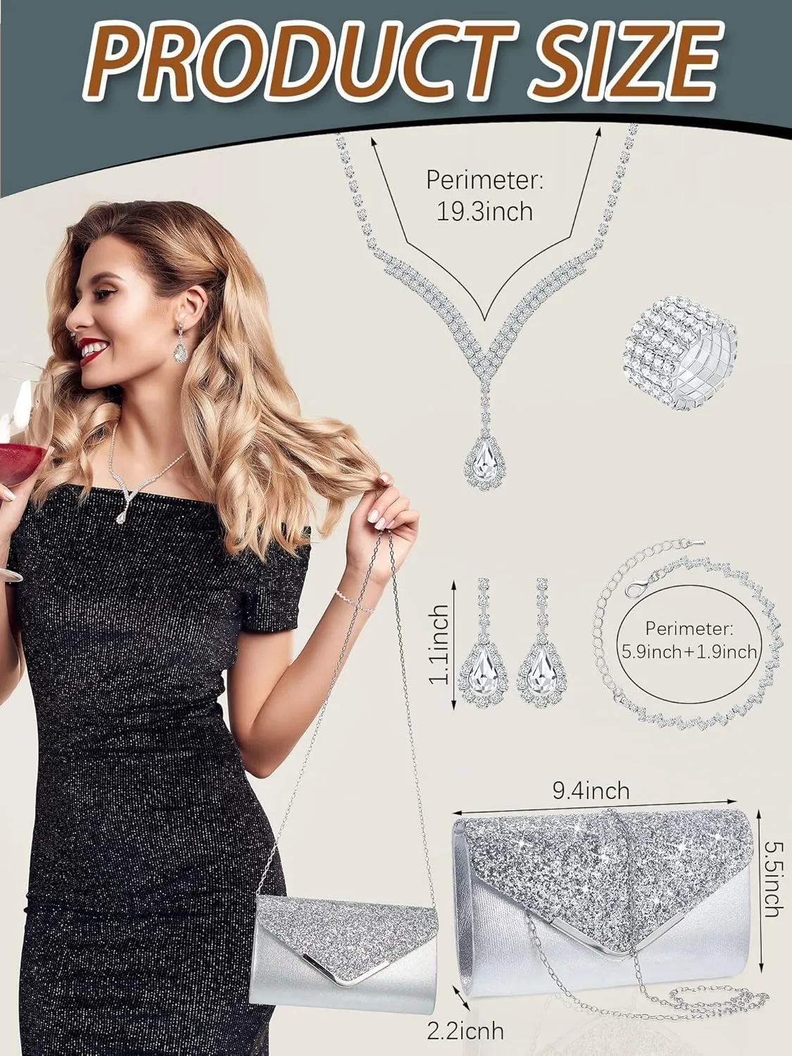 Henoyso 5 Pcs Purse Rhinestone Jewelry Set Prom Jewelry Rhinestone Clutch Purse Bride Necklace Earrings Bracelets for Women