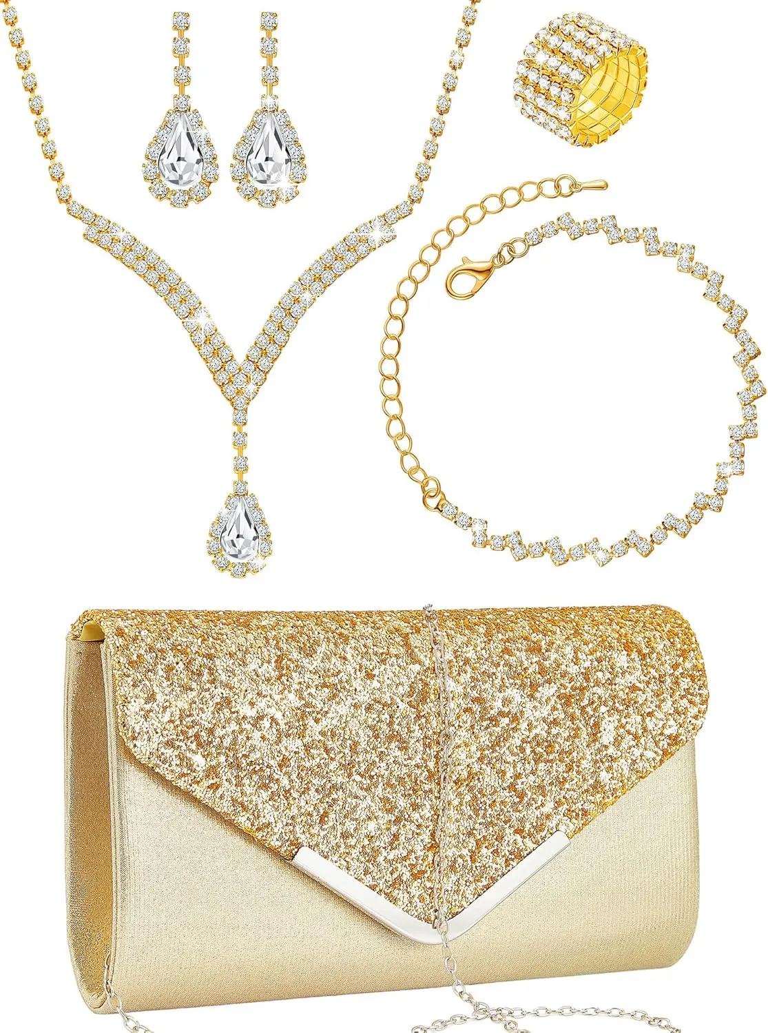 Henoyso 5 Pcs Purse Rhinestone Jewelry Set Prom Jewelry Rhinestone Clutch Purse Bride Necklace Earrings Bracelets for Women