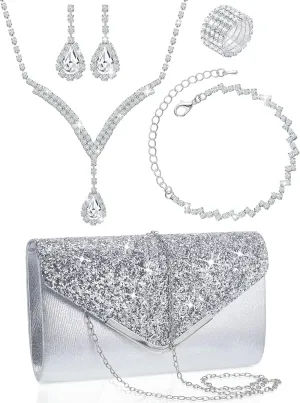Henoyso 5 Pcs Purse Rhinestone Jewelry Set Prom Jewelry Rhinestone Clutch Purse Bride Necklace Earrings Bracelets for Women